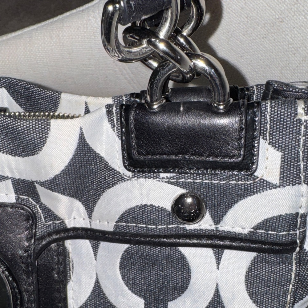 Coach Black Denim and White Signature Circle Satchel - Picture 12 of 13